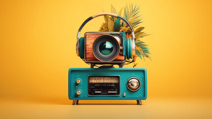 Fototapeta premium Retro Camera and Radio with Headphones on Bright Yellow Background