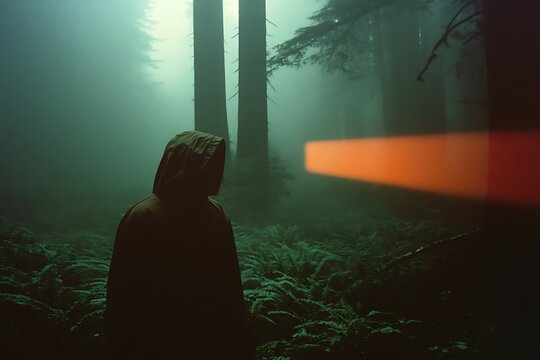 Mysterious Foggy Forest Scene with Silhouette Figure