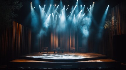 Dramatic stage lighting illuminates a minimalist set design for a play