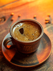 Coffee cup on the table. Clay cup and saucer, Turkish coffee