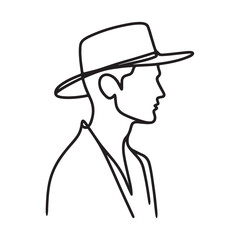 Single one line a man in profile wearing a wide-brimmed hat silhouette on white background
