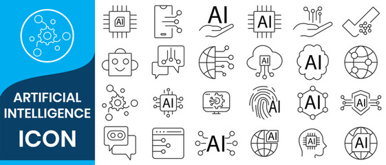 Artificial intelligence AI processor chip icon.AI Processor circuit vector set. Electronic chip. Mini AI CPU icon in flat style thin line icon collection on white background. Vector illustration.