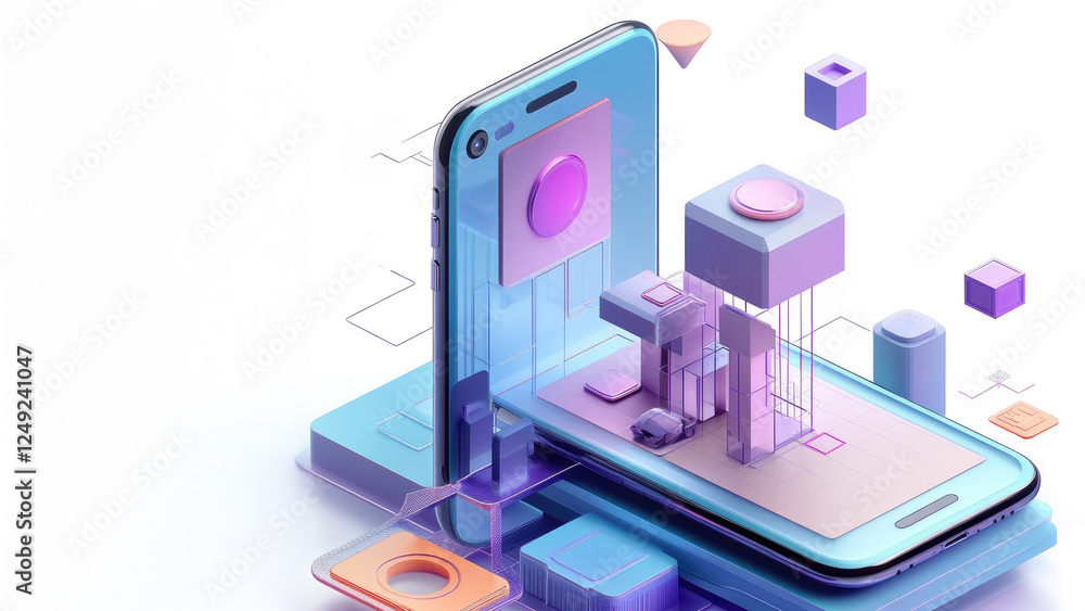 Poster futuristic smartphone with 3d geometric shape visualization concepts