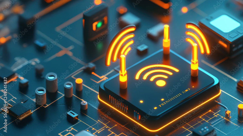 Poster digital router with signal waves on circuit board background