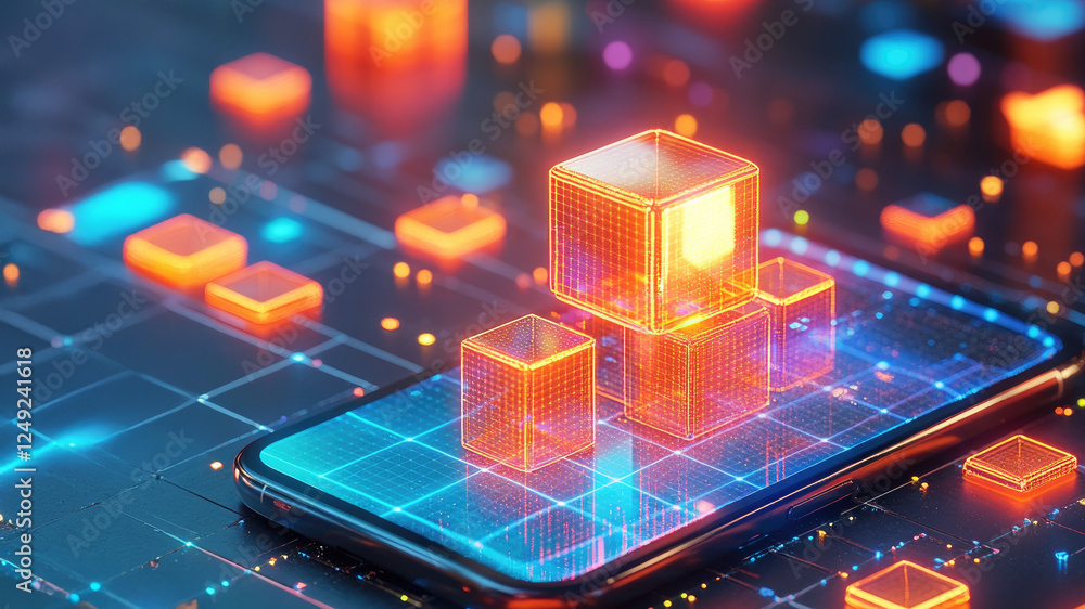 Poster futuristic smartphone displaying colorful 3d data blocks and graphics