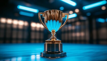 Radiant Golden Trophy of Achievement Set Against a Dynamic Business Technology Background