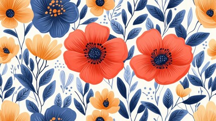 Vibrant floral pattern, red orange blue flowers, leaves, seamless design, fabric print