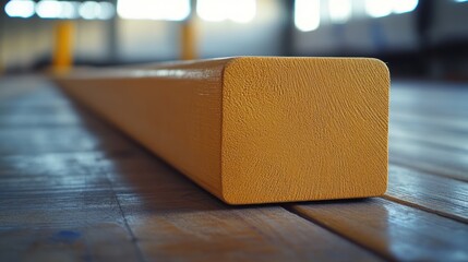 Close-up of a freshly painted wood beam resting on a wood surface