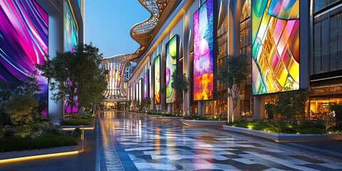 Vibrant city street with colorful digital displays and modern architecture.