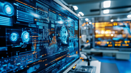 Fototapeta premium OT security industrial defense. Cybersecurity detection. Infrastructure firewall. Monitoring resilience. Futuristic industrial control room showcasing advanced cybersecurity technology.