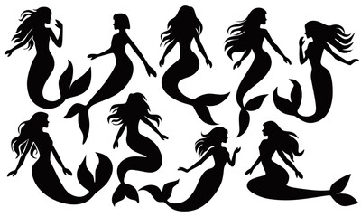 Set of Mermaid silhouette vector illustration. Cute set Little mermaid. underwater world. Fairytale mermaid princess. Under water in the sea mythical marine collection