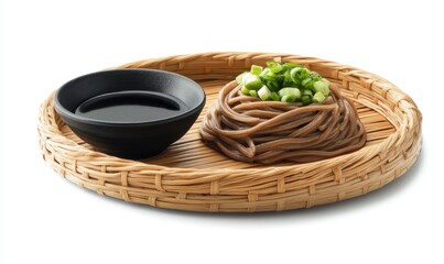 Obraz premium Buckwheat noodles, soy sauce, garnish, studio shot, food photography, menu
