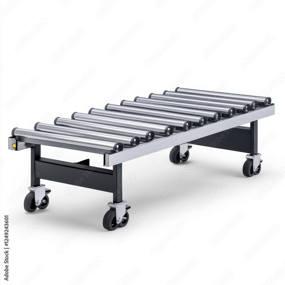 Poster mobile roller conveyor system for efficient material handling and transport in industrial spaces