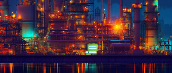 OT security  industrial defense. Cybersecurity detection. Infrastructure firewall. Monitoring resilience. A realistic scene depicting an oil refinery with security personnel present.