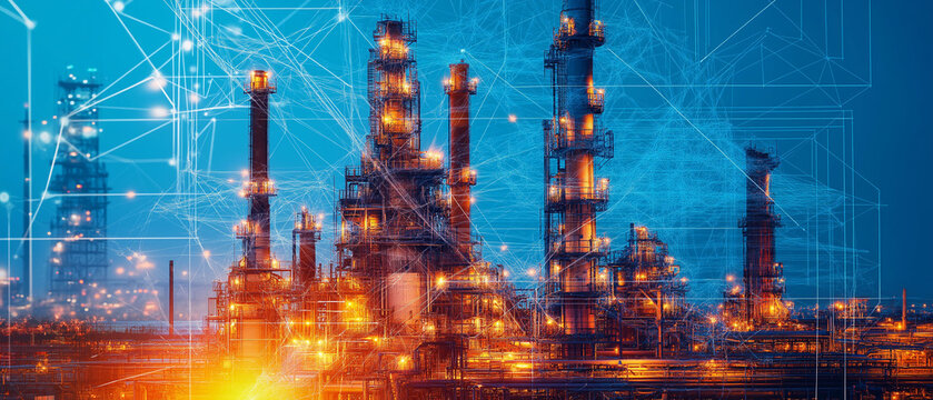 OT security  industrial defense. Cybersecurity detection. Infrastructure firewall. Monitoring resilience. A detailed image of an oil refinery featuring operational security measures.