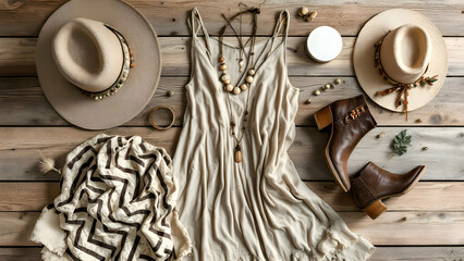  Bohemian Style Clothing and Accessories on Rustic Wooden Background
