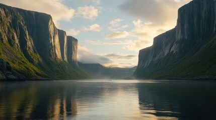 Tranquil fjord scenery with towering cliffs and calm waters at sunset