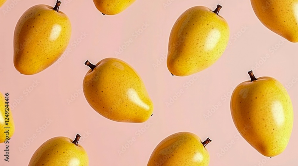 Poster a close up of a bunch of yellow fruit, including apples and pears. the fruit is arranged in a patter