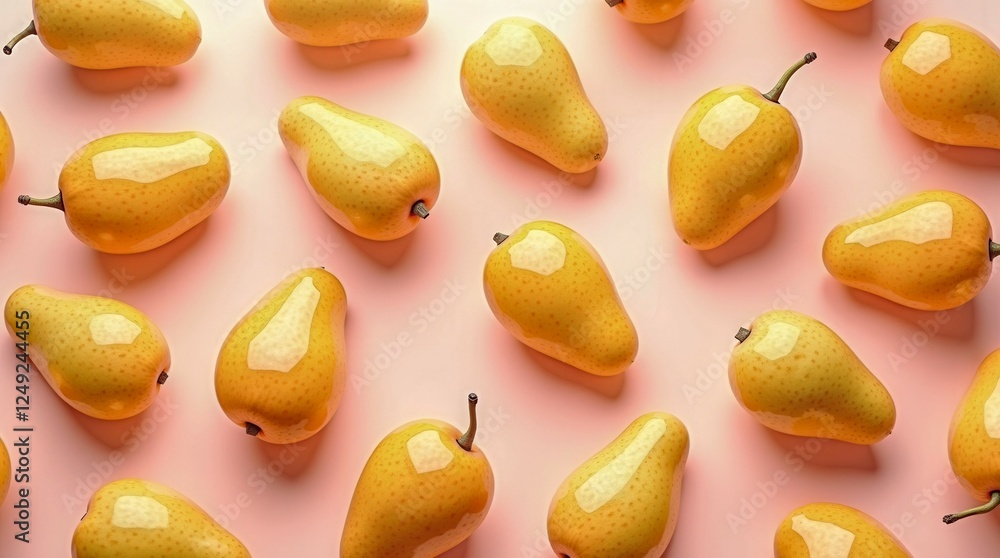 Poster a close up of a bunch of yellow fruit, including apples and pears. the fruit is arranged in a patter