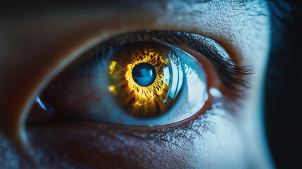 Close up of a human eye showing detailed iris and visible pupil in natural light