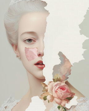 Marie Antoinette concept. Creative collage of the beautiful last queen of France using mix of different techniques. Close up portrait. Avant-garde postcard, poster style