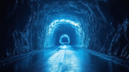 Road through icy mountain tunnel, blue light