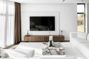 Modern luxury apartment interior in minimal scandinavian style, 3d rendering