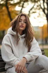 Obraz premium A sophisticated urban model in a contemporary hoodie, sitting on a bench in a city park, effortlessly stylish