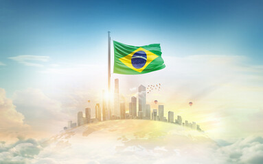 Brazil flag wavering on blobe with modern building skyline. Flag waving on world map. Brazil...