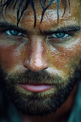 Intense close-up of a rugged man with striking blue eyes and a wet, glistening beard in natural lighting