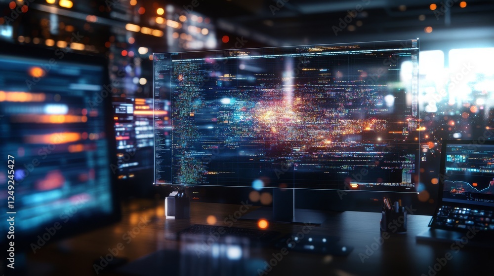 Poster high-tech workspace with digital screens displaying vibrant data and colorful visualizations in 4k