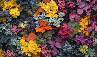Obraz premium Colorful lichen texture, close-up view, diverse species, nature background, ideal for design