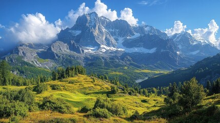 Fototapeta premium Majestic Alps summer landscape, sunny valley, cloud-capped peaks, travel poster