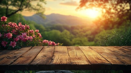 Serene sunset over a lush green landscape with blooming flowers in foreground