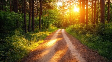 Obraz premium Tranquil Forest Glow with Soft Sunlight and Warm Tones, Perfect for Text Placement