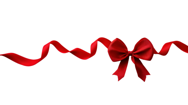 Red flowing ribbon bow image isolated transparent, ai generated. Vibrant gift wrap dynamic design cut out photo png. Congratulations. Festive holiday decor cutout element object photography