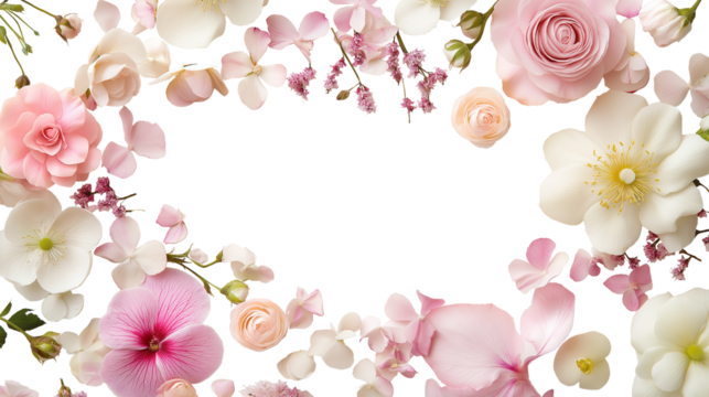 Delicate pink and white flower border image isolated transparent, ai generated. Blossoms, petals and roses cut out photo png. Romantic, wedding-themed design cutout element object photography