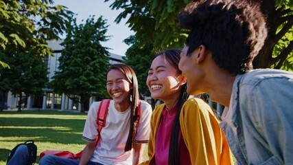 Three college students, two girls and a boy, share a moment of contagious laughter while sitting on the grass in front of their university building