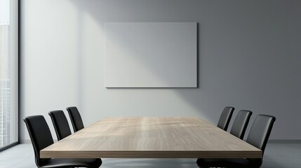 Modern conference room with a large wooden table and black chairs, featuring a minimalist design.
