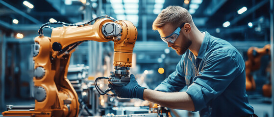 Collaboration between human worker and robot on an assembly line in a well-lit industrial setting