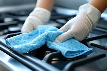 Cleaning a gas stove with gloves and a microfiber cloth for a fresh kitchen look