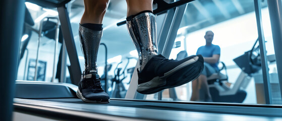 Close-up view of an athlete training on a treadmill with innovative prosthetic legs in a gym setting
