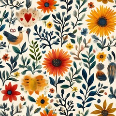 Floral garden birds fabric seamless pattern design