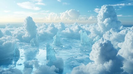 A surreal landscape where the clouds merge seamlessly with the icy ground, creating a sense of weightlessness