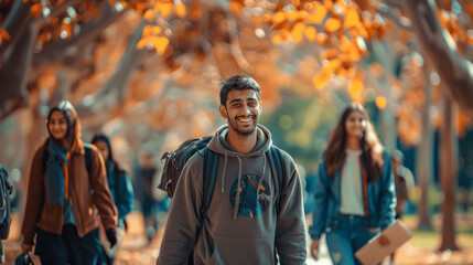Obraz premium group of indian students walking with the bag packs and books in hand in front of the University, happy students
