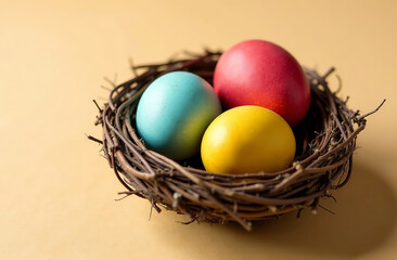 Obraz premium Decorated Traditional Colorful Eggs on Easter Card Background. AI Generative