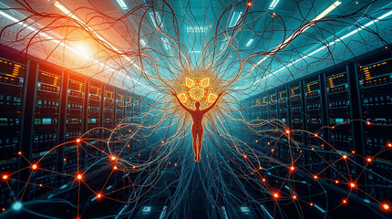 Human merging with technology in futuristic data center