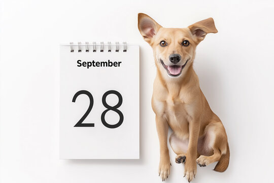 Dog and calendar with September 28 on neutral background. World Rabies Day
