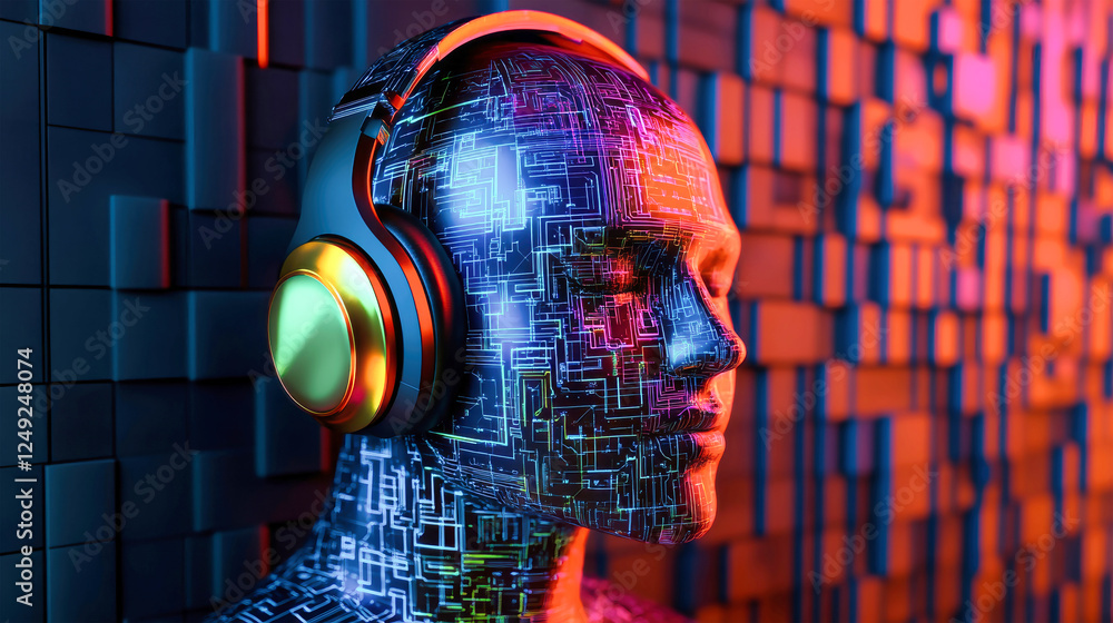 Aufkleber humanoid robot immersed in sound with glowing circuit patterns in a cosmic backdrop at dawn