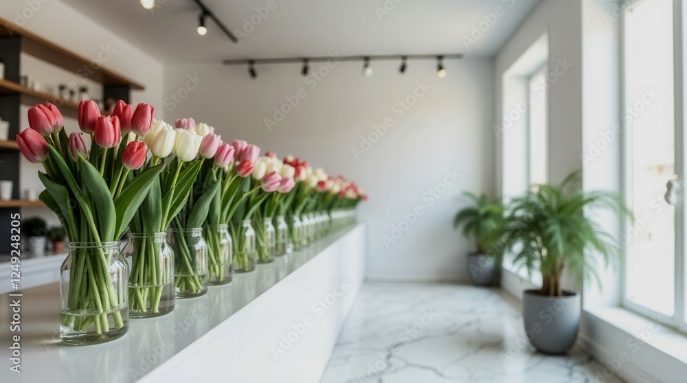 Aufkleber a row of vases with flowers in them sit on a counter. the vases are of different sizes and colors, a